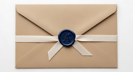 Elegant craft paper envelope sealed with a deep blue wax emblem and tied with a cream ribbon 