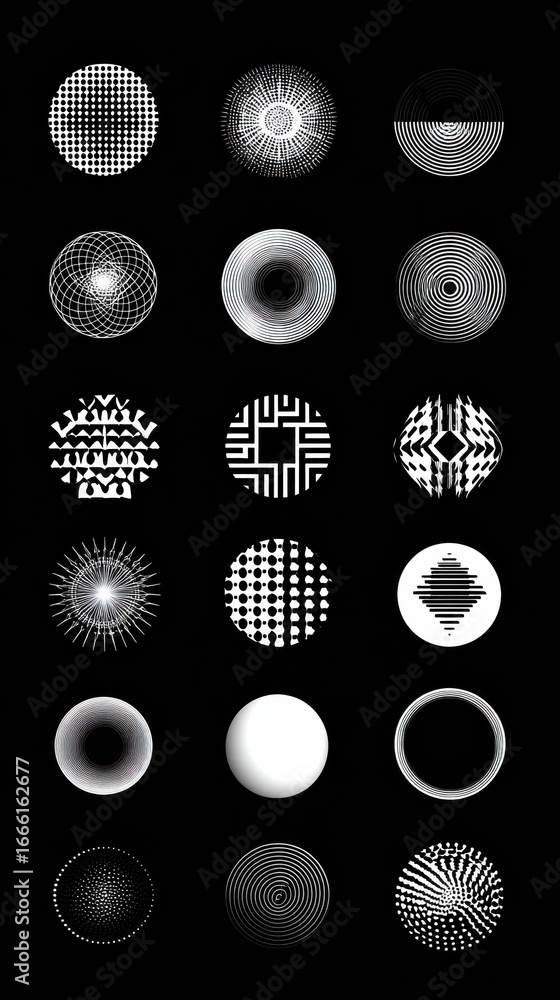 Poster collection of black and white geometric patterns displayed on a contrasting background for artistic 