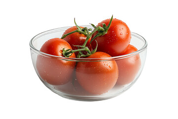 Fresh tomatoes in a glass bowl, showcasing vibrant color and water droplets, perfect for cooking or salad presentations.