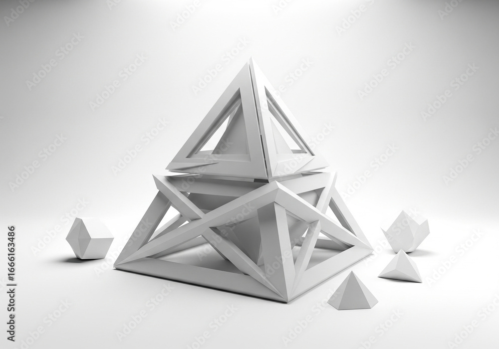 Poster abstract 3d geometry pyramid composition with intersecting geometric objects, a conceptual explorati