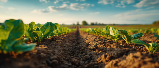 A detailed close-up image of rows of young green lettuce plants thriving in rich, dark soil on a farm field under a warm sunset sky. The low angle emphasizes the texture of the earth and the freshness