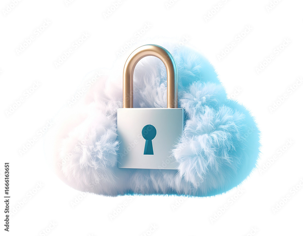 Poster fluffy cloud with padlock security symbol isolated on transparent background