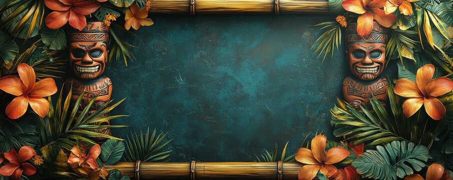 Tiki-themed tropical invitation frame with flowers and tribal carvings on a dark background