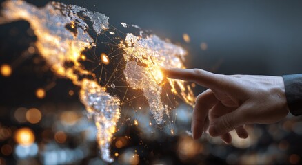 A hand interacts with a glowing, digital world map.  Interconnected lines and lights highlight the global network.  Blurred city lights suggest a backdrop of urban areas