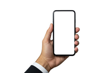 A gender-neutral hand holds a sleek black smartphone with a blank white screen, studio shot with soft high-key lighting on a transparent background. Concept of digital potential