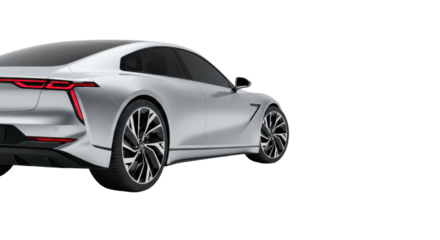 Sleek, modern electric vehicle concept car, neutral metallic finish, controlled reflections, static in a transparent studio with soft shadows, symbolizing future mobility