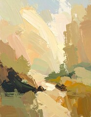 A landscape painting with bold brushstrokes of muted earth tones, highlighting a path or valley through a mountainous region.