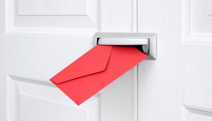 A red envelope halfway through a metallic mail slot in a white door—angled downward, evoking themes of arrival, anticipation, private communication, and the quiet ritual of message exchange.