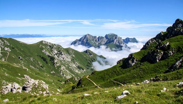 Mountain vista, green valley, rolling hills