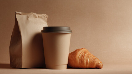 Rustic ceramic cup of latte with leaf foam art beside a golden croissant, styled on neutral fabric in warm morning light.
