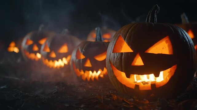 A Spooky Procession of Glowing Carved Pumpkins Lined Up in Eerie Night Fog.