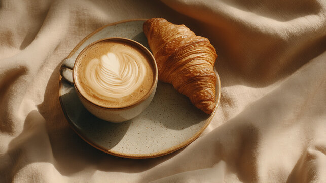Cozy Morning Latte and Croissant Flat Lay
