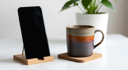 Smartphone on a stand next to a coffee mug on a table, isolated on white background