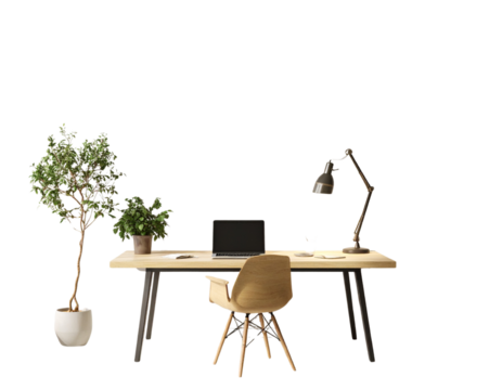 A desk with a lamp, a potted plant, and a computer monitor. The desk is empty except