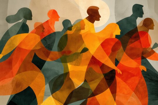Abstract illustration of diverse people symbolizing movement and unity