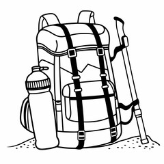 Illustration of a backpack, bottle, and trekking pole, perfect for outdoor adventures and hiking trips