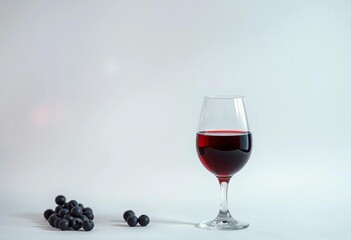 Elegant bottle and glass of red wine on white backdrop,  pinot noir,  still life
