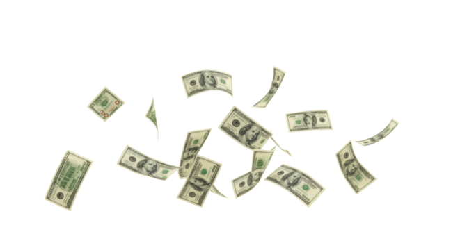 Crisp, modern green and gold currency bills cascade dynamically against a transparent studio backdrop with soft diffused lighting and bokeh, concept of rapid financial prosperity