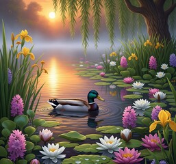 duck on the lake with flowers