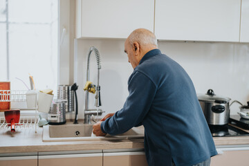 A senior man, wearing casual clothing, washes dishes in the kitchen sink. The scene reflects everyday chores and a peaceful home atmosphere.