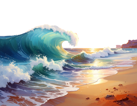 A beautiful painting of a beach with a large wave crashing into the shore. The sky is
