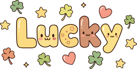Kawaii lucky clover stars and hearts with text shamrock