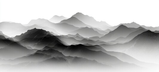 Obraz premium Black and white ink landscape painting with misty mountains