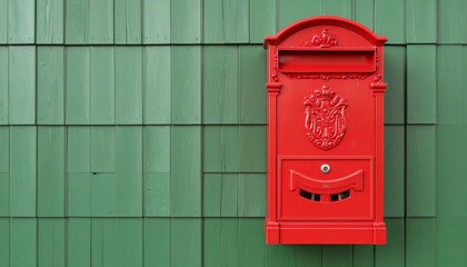 A red vintage mailbox with ornate detailing on green shingles&mdash;evoking nostalgia, identity, and the choreography of memory, ritual, and symbolic communication in a textured architectural stillness.