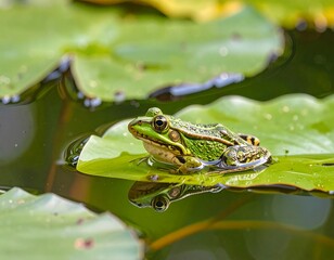 Obraz premium A vibrant green frog rests serenely on a lily pad, its reflection mirroring its tranquil pose in the still water.