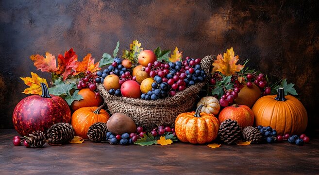 Abundant Autumn Harvest Display With Pumpkins Grapes Apples And Pinecones thanksgiving