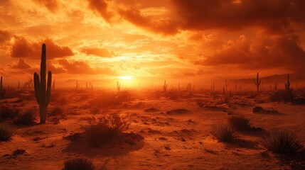 Fiery sunset over a desert landscape with cacti and shrubs.