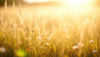 Fototapeta premium Warm Sunlight Cascades Over a Field of Wildflowers and Golden Grasses in a Serene, Natural Setting