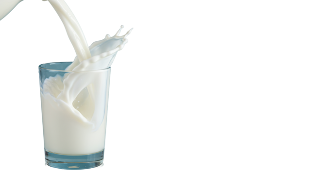 White milk actively pours into a pristine, clear cylindrical glass in a high-key studio, creating a dynamic splash. Concept of purity and refreshment