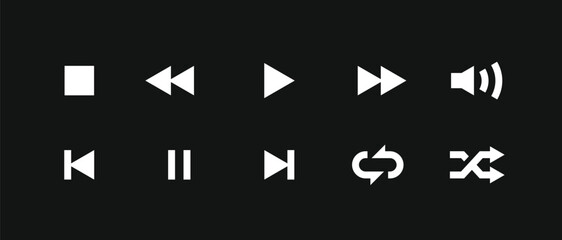 Set of Media Player Button Icons Vector Illustration. Collection of minimalist black media player button icons, including play, pause, stop, and more.