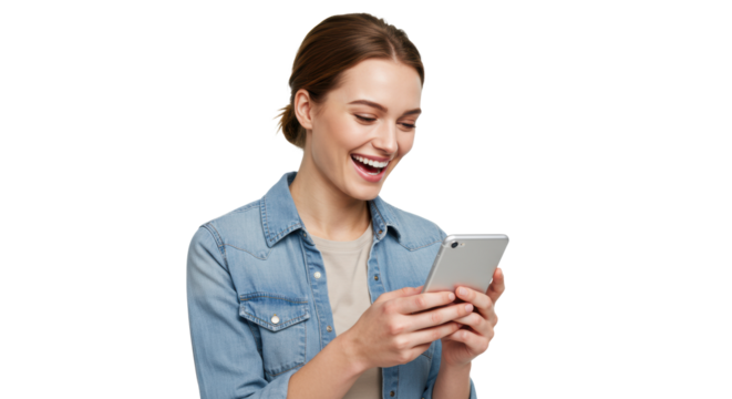 Young caucasian woman, early 20s, in casual top, laughing joyfully while holding digital device, isolated against transparent studio background with copy space, concept of positive digital experience