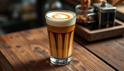 Layered latte macchiato in glass, creamy milk & espresso Warm drink on rustic wood,  texture,  coffee culture
