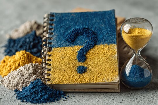 Question mark on Ukrainian flag notebook, hourglass - Powered by Adobe