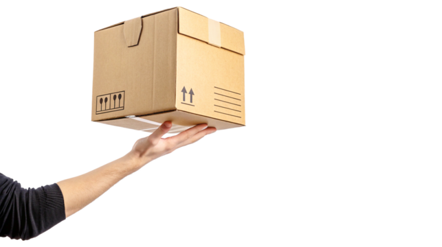 hand wearing black cloth cardboard box package delivery a transparent background