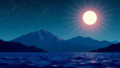 Night ocean, low poly mountains silhouette, starry sky, sun rays, paper cut style,   geometric,   dark