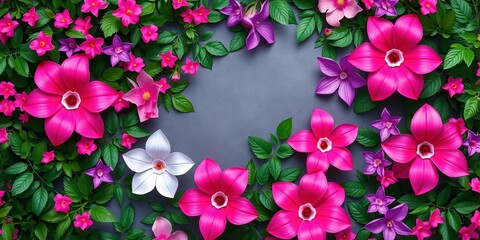 Overhead shot of vibrant pink & purple paper flowers amidst lush green foliage on a grey backdrop, flat lay, vibrant