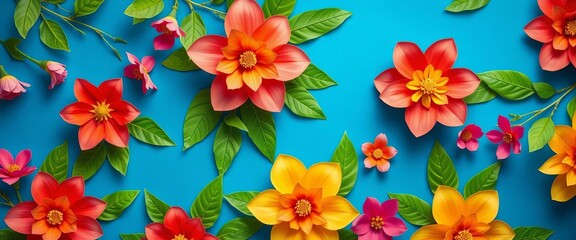 Overhead shot vibrant paper flowers, green leaves, blue backdrop, ample space,  bright,  nature