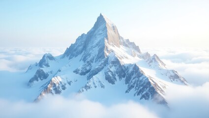 Obraz premium A high-angle view reveals a majestic snow-capped mountain peak rising above a sea of soft, ethereal clouds.
