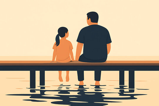 Father and daughter spending time together illustration on dock by water family bonding moment concept