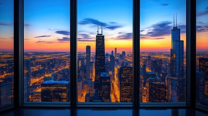 Stunning sunrise cityscape view from skyscraper window.