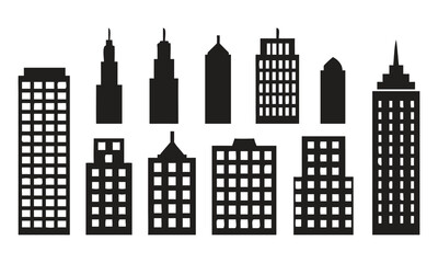 Collection of Black Silhouette Skyscraper Buildings on White Background city architecture