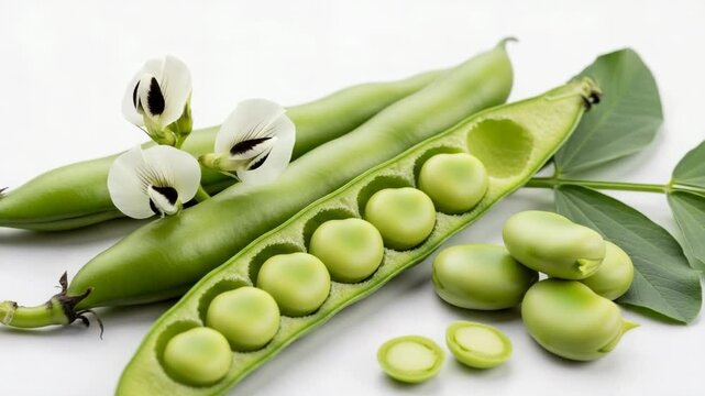 Fresh fava pods with open pod with flowers and leaves on white background  