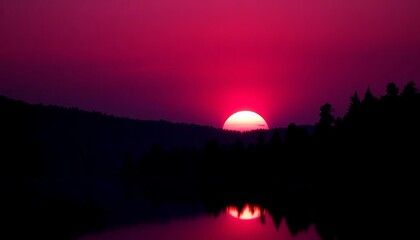 Purple sunset silhouettes, lake, dark trees, forest reflection,  majestic,  evening