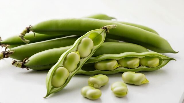 Fresh green fava beans in pods on white background  