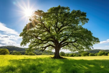 Fototapeta premium A majestic green oak tree nature sky landscape.