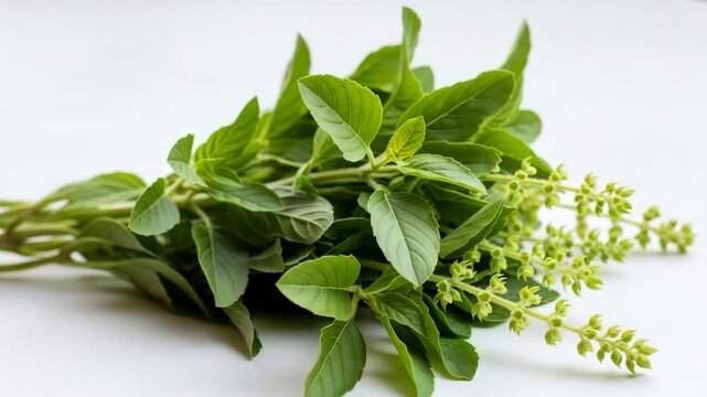 Fresh green holy basil leaves with flowers on white background  